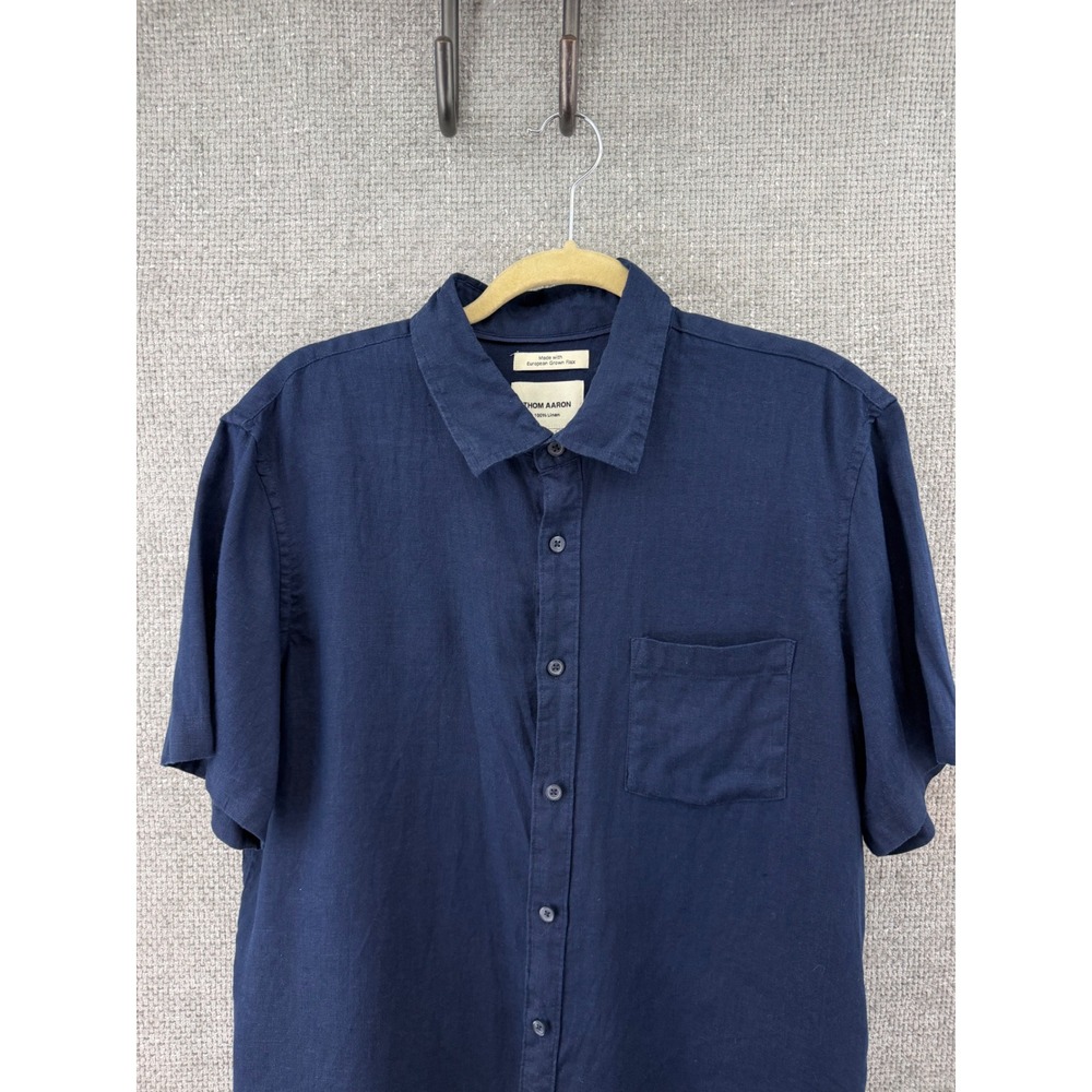 Thom Aaron Mens Large Navy  100% Linen Short Sleeve Button Down Shirt L‎